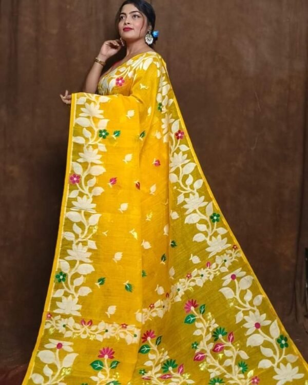 Yellow Soft Lota Jamdani Sari