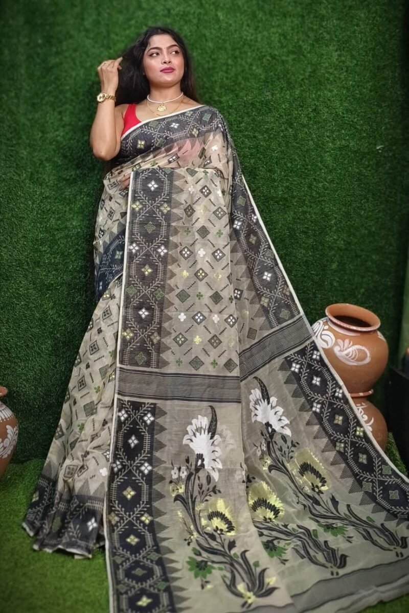 Greenish Grey Soft Dhakai Jamdani Saree