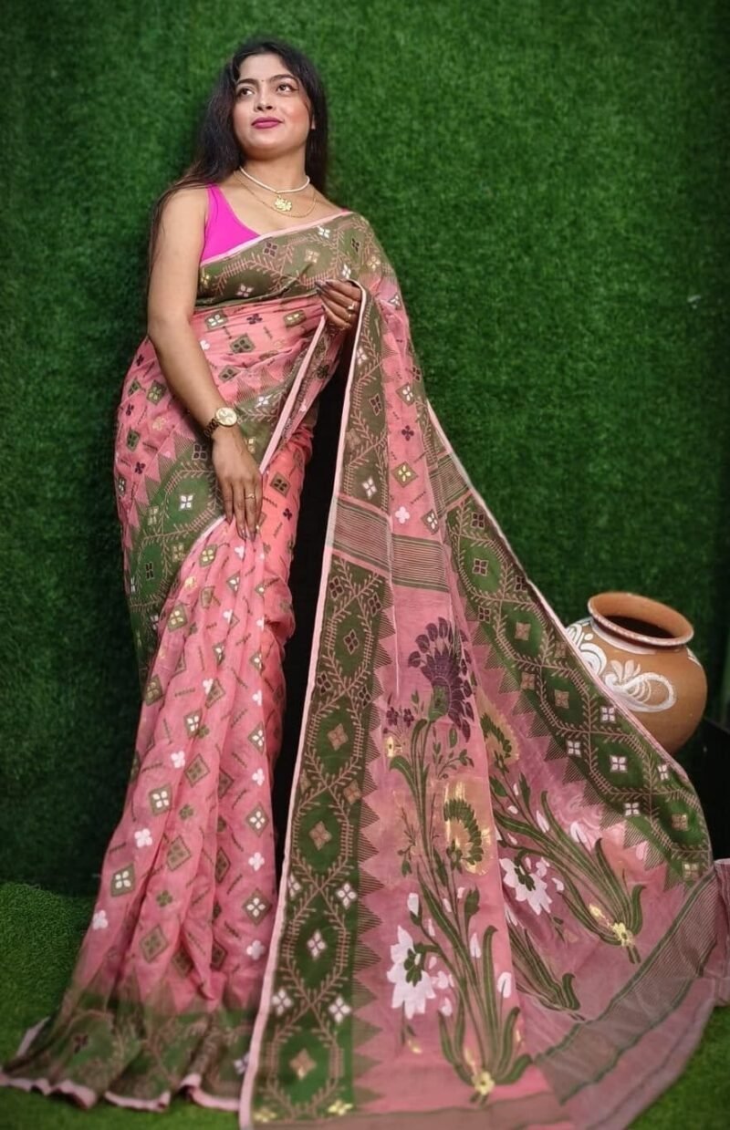 Ruddy Pink Soft Dhakai Jamdani Saree