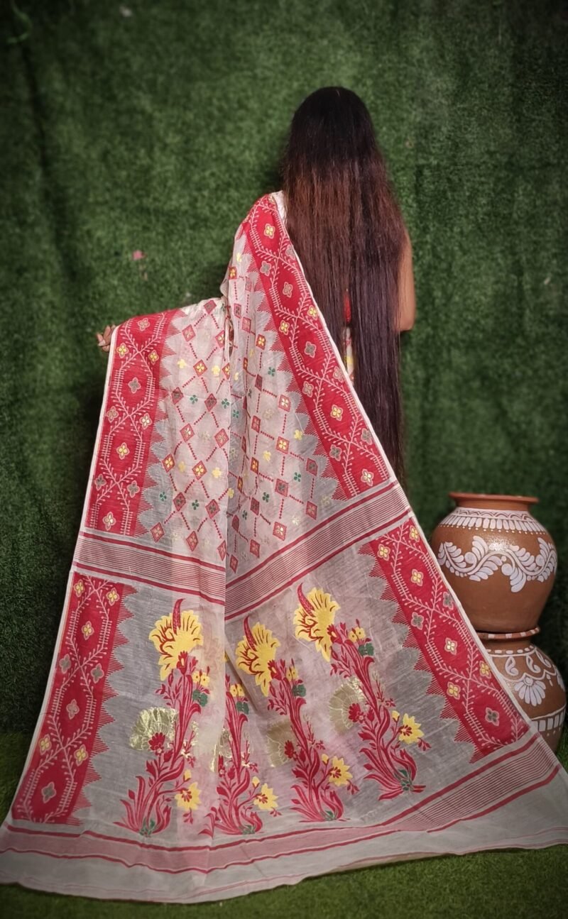 White Soft Dhakai Jamdani Saree - Image 3