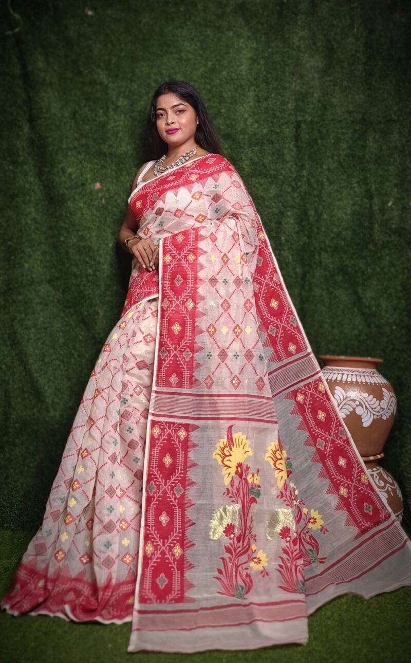 White Soft Dhakai Jamdani Saree - Image 2