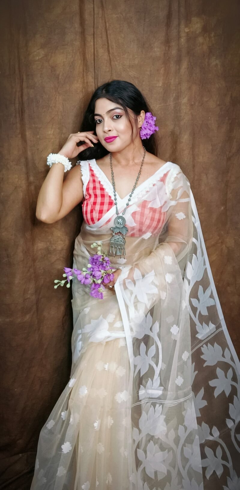 Muslin Handloom Transparent Jamdani Saree - Image 2