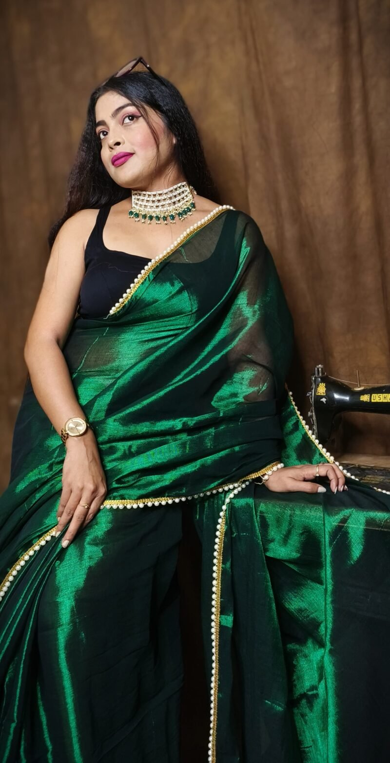 Deep Green Raga Tissue Saree - Image 3