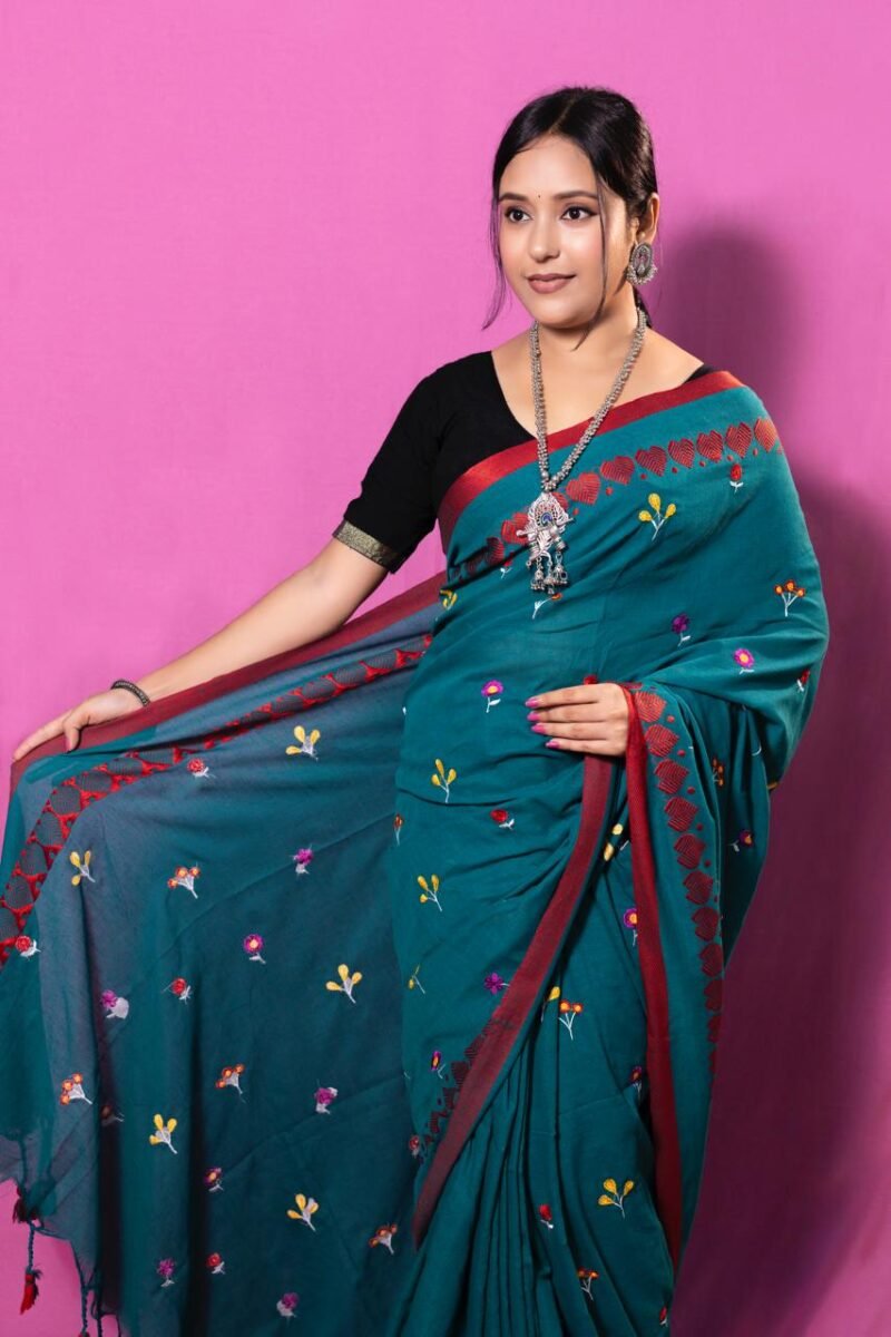 Soft Cotton Handloom Embroidered Work Saree - Image 6