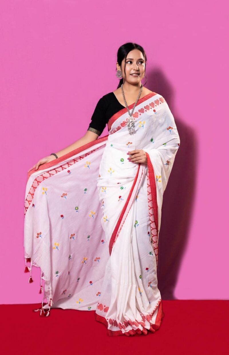 Soft Cotton Handloom Embroidered Work Saree - Image 5