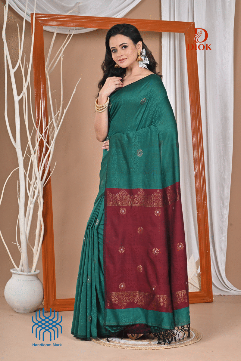 Teal Green Pure Cotton Acrylic Handloom Soft Saree - Image 5