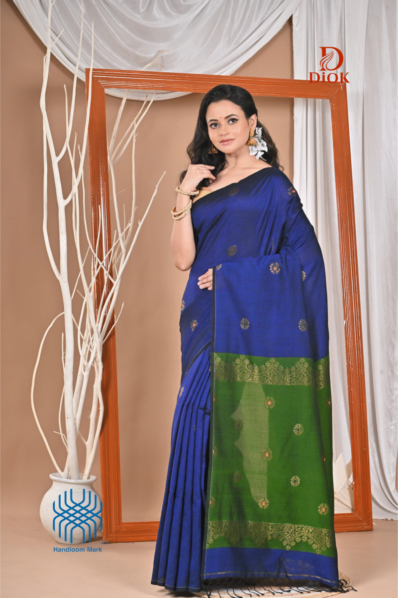 Blue Pure Cotton Acrylic Handloom Soft Saree - Image 5