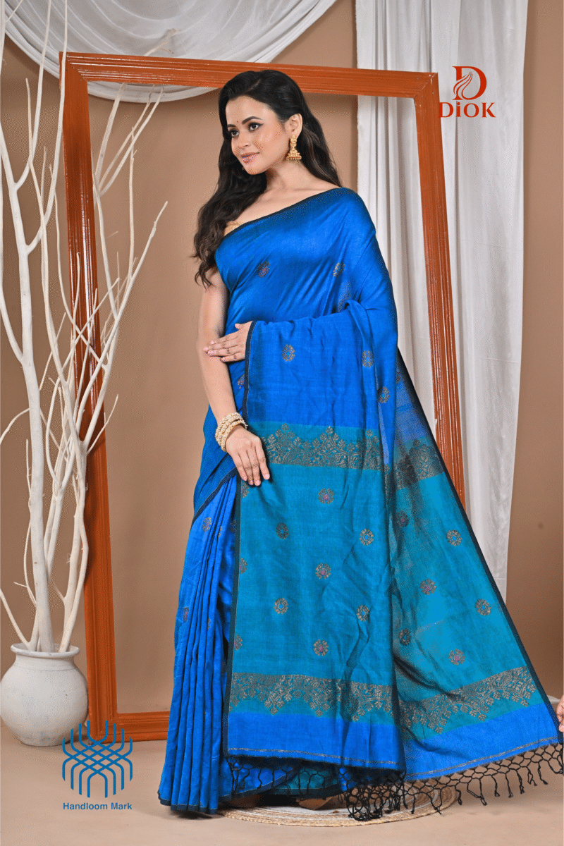 Royal Blue Pure Cotton Acrylic Handloom Soft Saree - Image 4