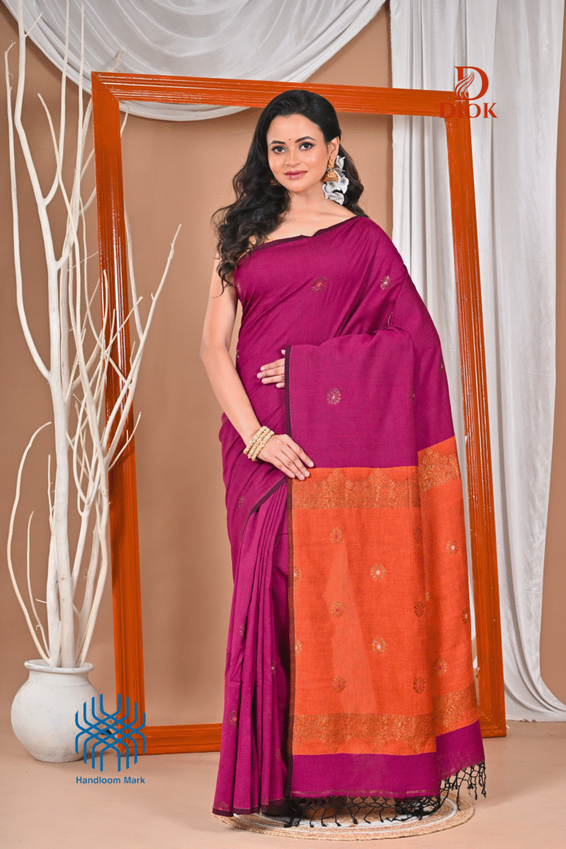 Magenta Pure Cotton Acrylic Handloom Soft Saree - Image 4