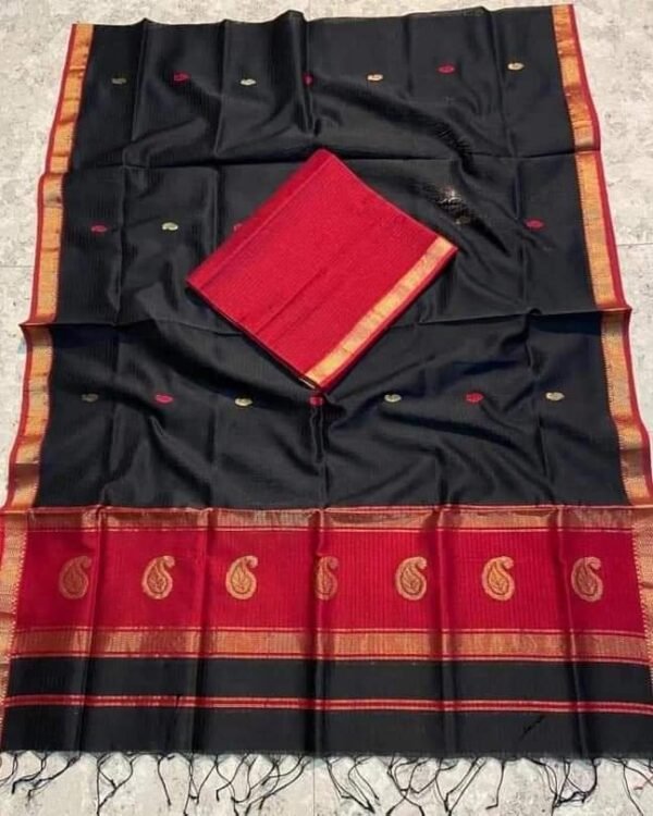 Maheshwari Design Dark Cotton Silk Handloom Saree with Blouse Piece