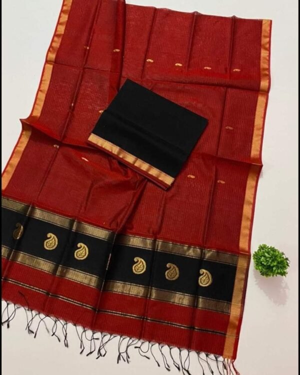 Maheshwari Design Falu Red Cotton Silk Handloom Saree with Blouse Piece