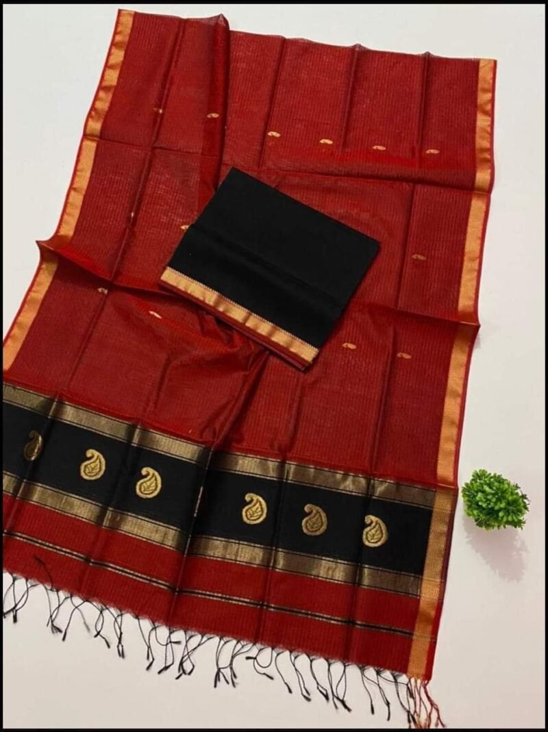 Maheshwari Design Falu Red Cotton Silk Handloom Saree with Blouse Piece