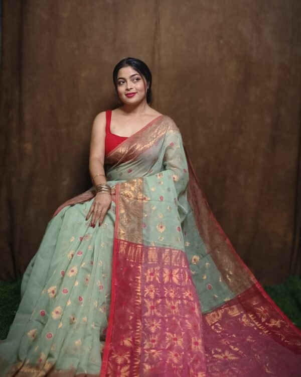 Exclusive Copper Olive Green Jori Jamdani Saree