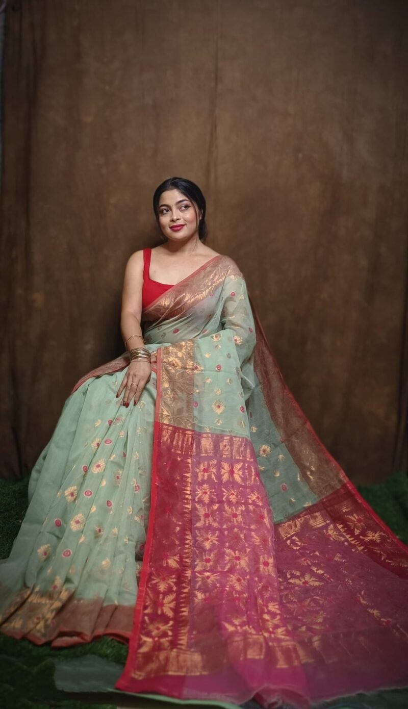 Exclusive Copper Olive Green Jori Jamdani Saree
