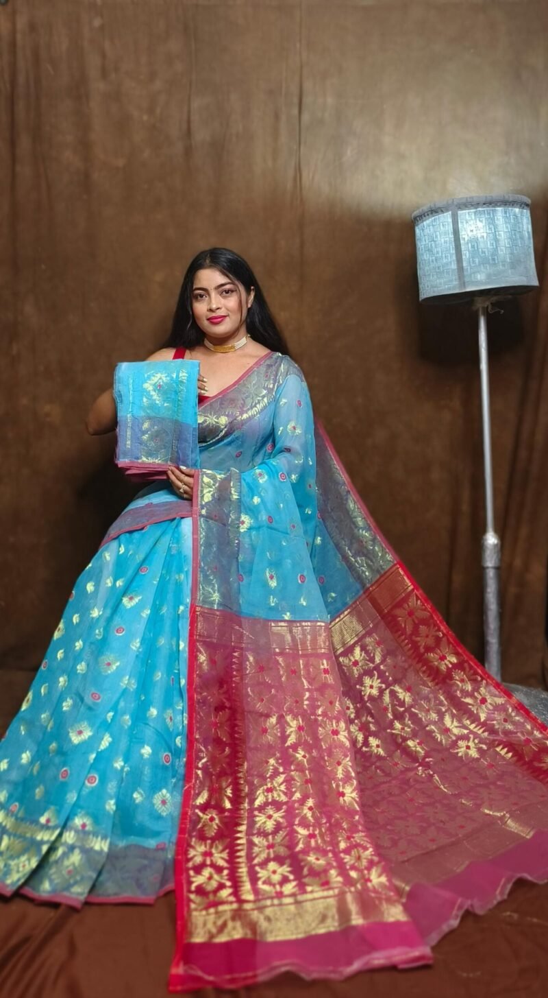Exclusive Copper Sky Blue Jori Jamdani Saree - Image 2