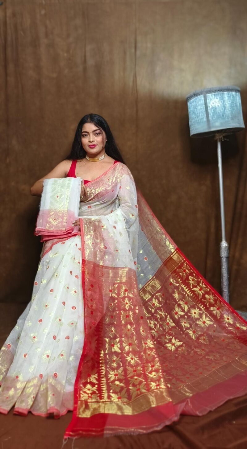 Exclusive Copper White Jori Jamdani Saree