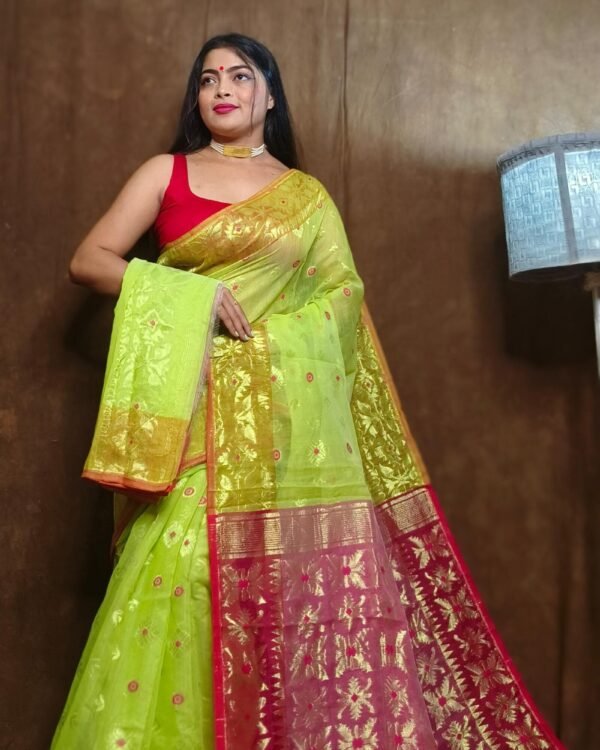 Exclusive Copper Leap Green Jori Jamdani Saree