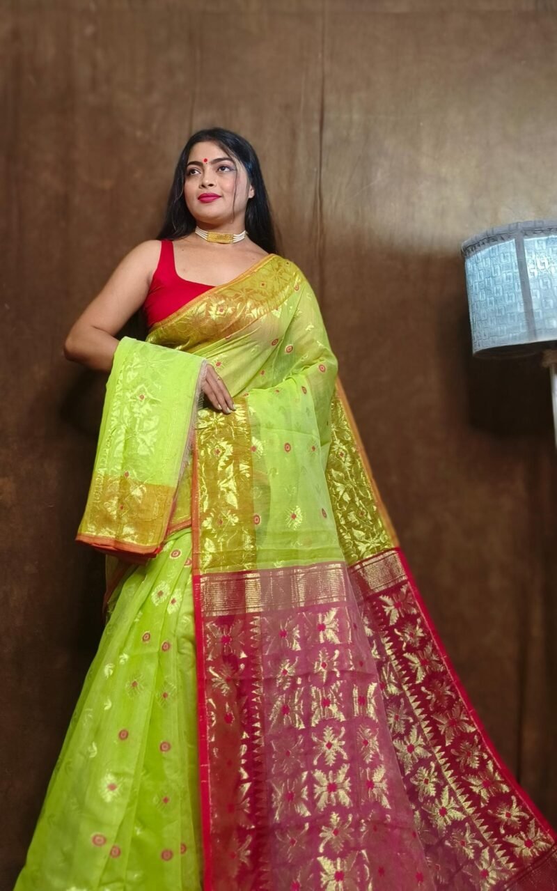 Exclusive Copper Leap Green Jori Jamdani Saree