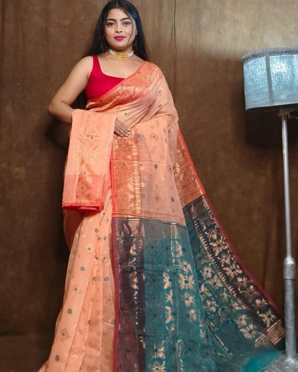 Exclusive Copper carrot Jori Jamdani Saree