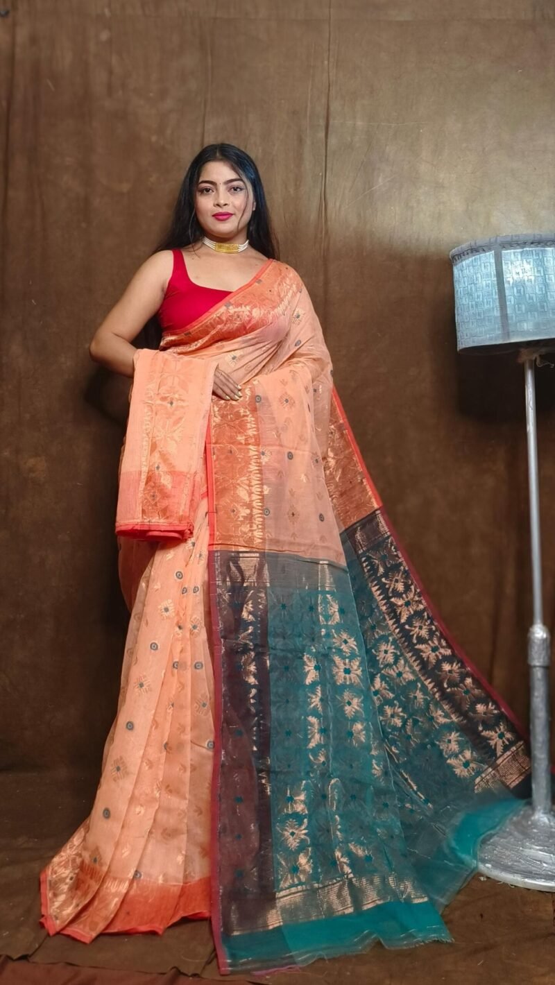Exclusive Copper carrot Jori Jamdani Saree
