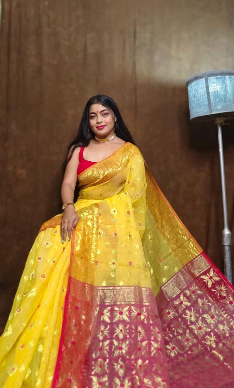 Exclusive Copper Yellow Jori Jamdani Saree