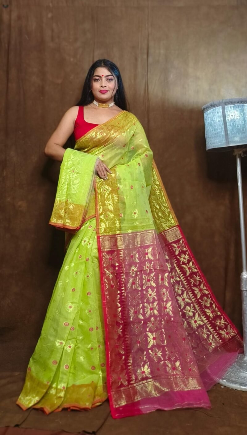 Exclusive Copper Leap Green Jori Jamdani Saree - Image 2