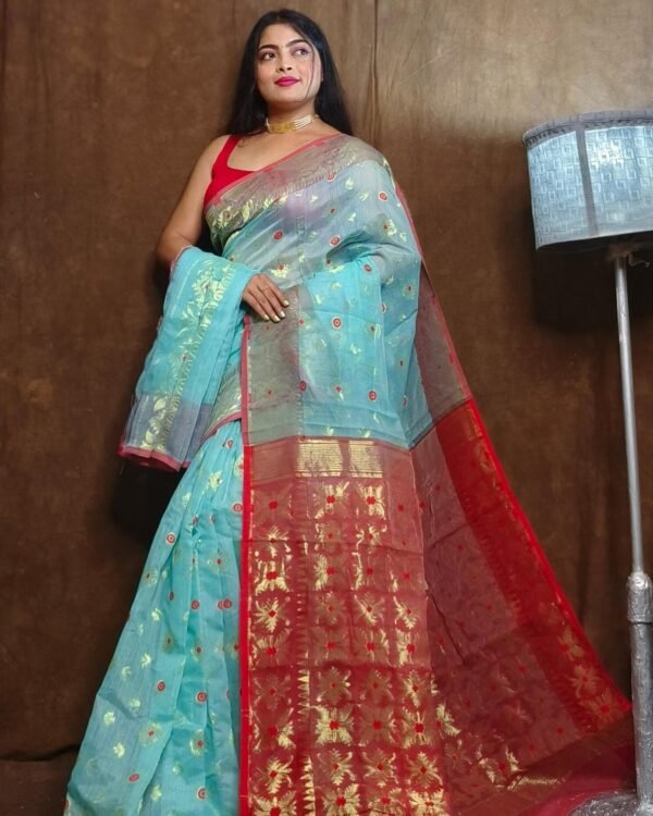 Exclusive Copper Sky Blue Jori Jamdani Saree