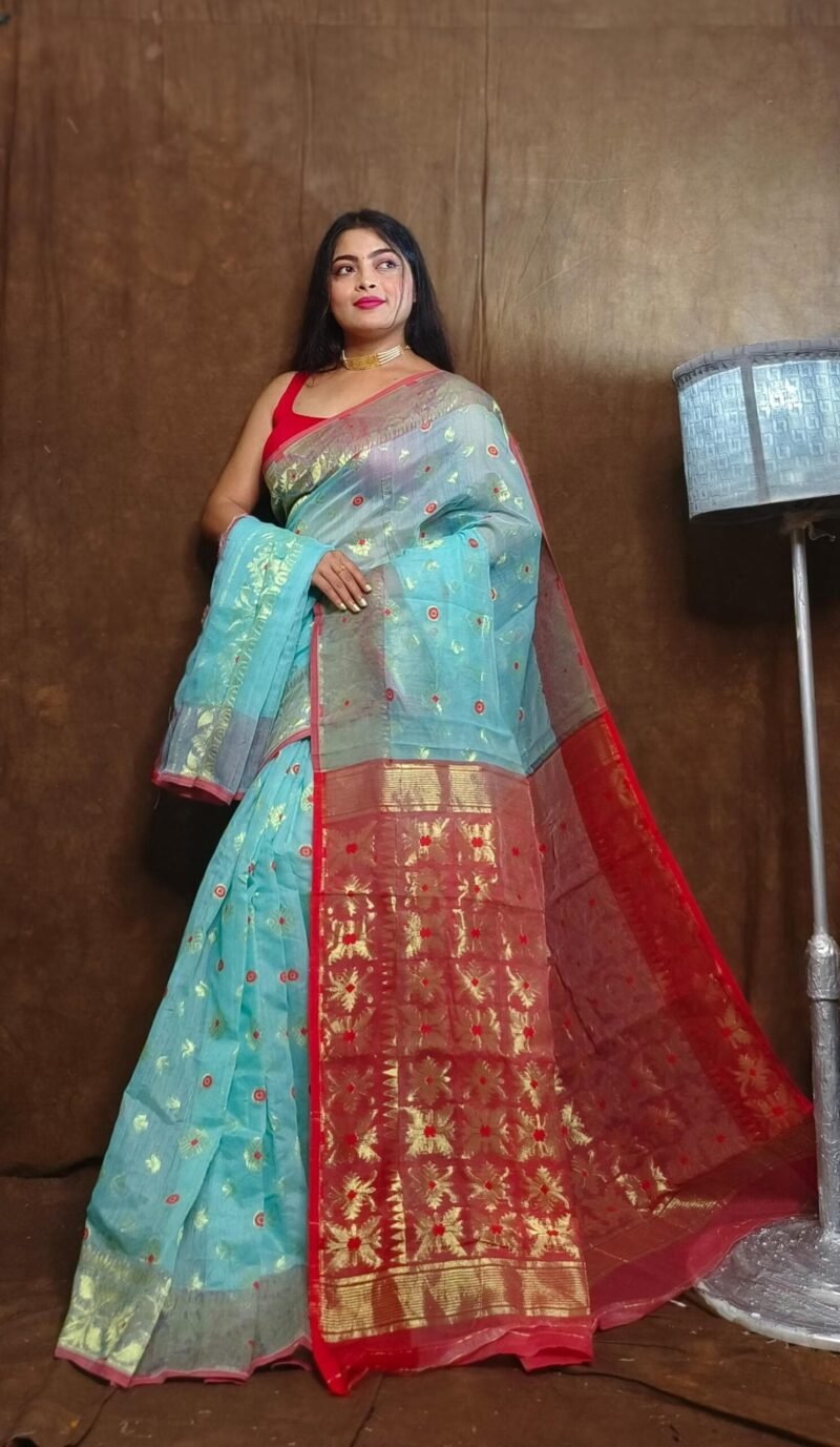 Exclusive Copper Sky Blue Jori Jamdani Saree