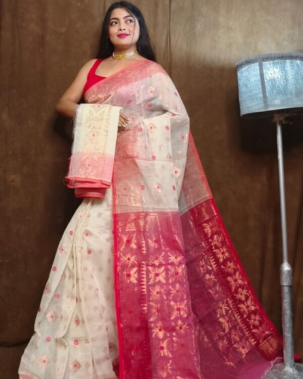 Exclusive Copper White Jori Jamdani Saree