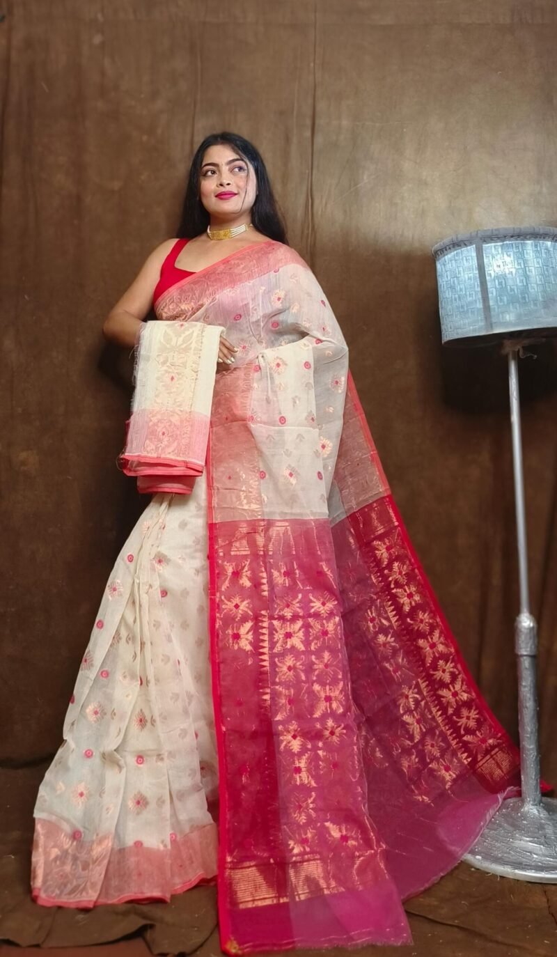 Exclusive Copper White Jori Jamdani Saree