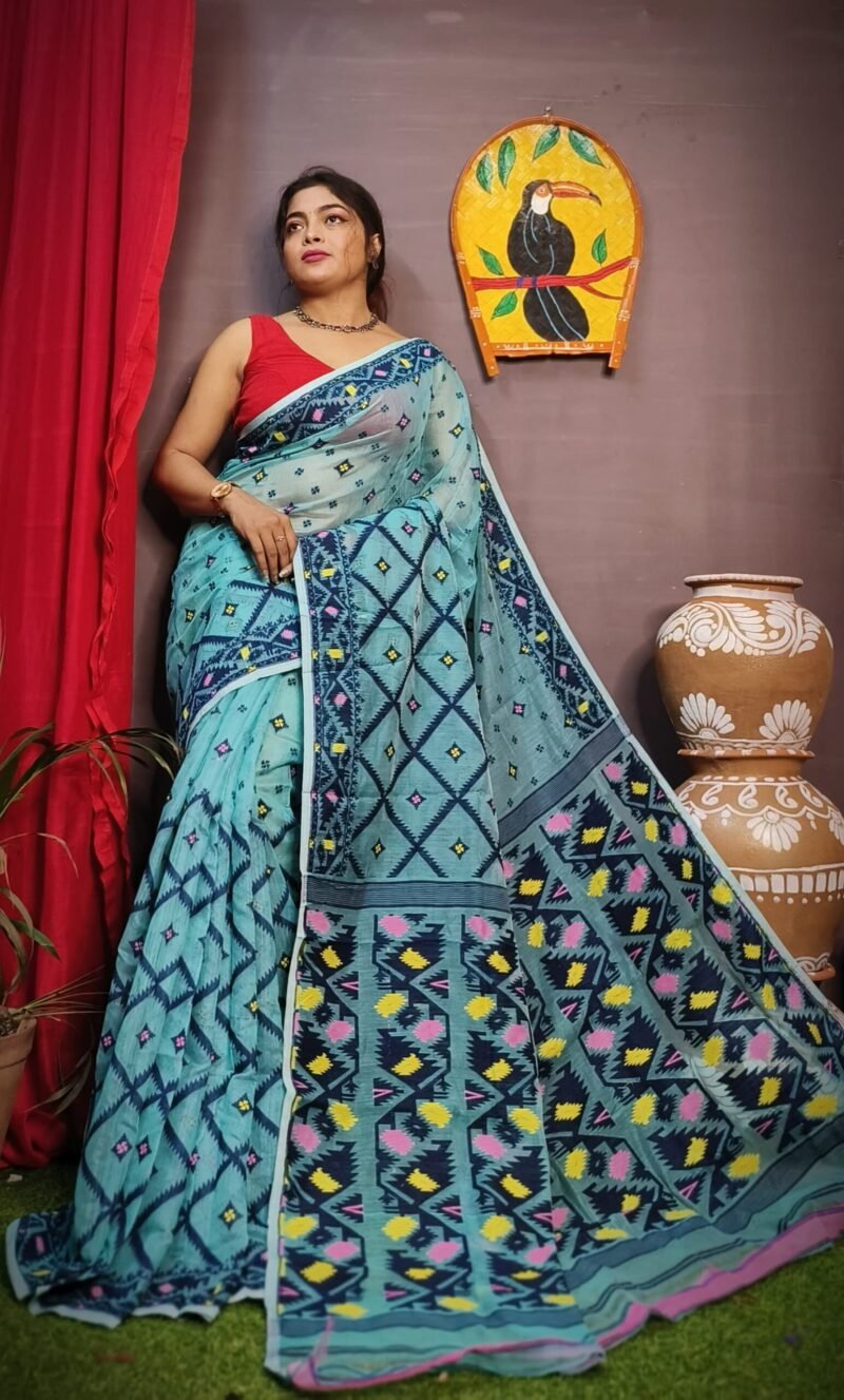 Turquoise Box Soft Dhakai Jamdani Sari - Image 2