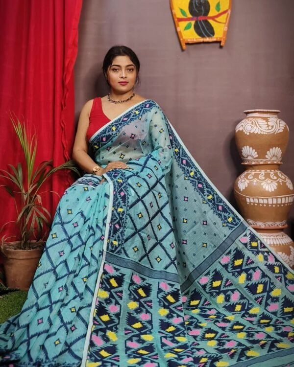 Turquoise Box Soft Dhakai Jamdani Sari