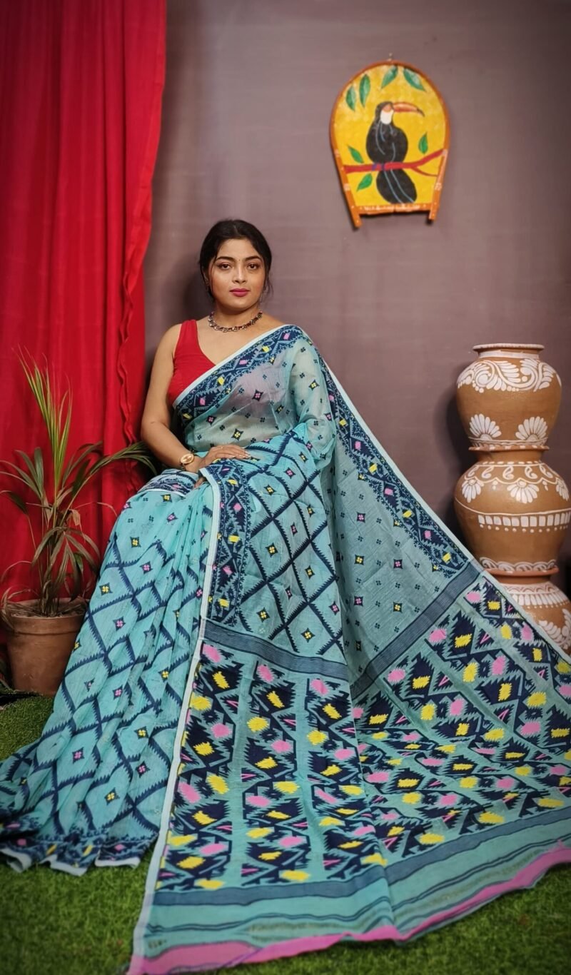 Turquoise Box Soft Dhakai Jamdani Sari