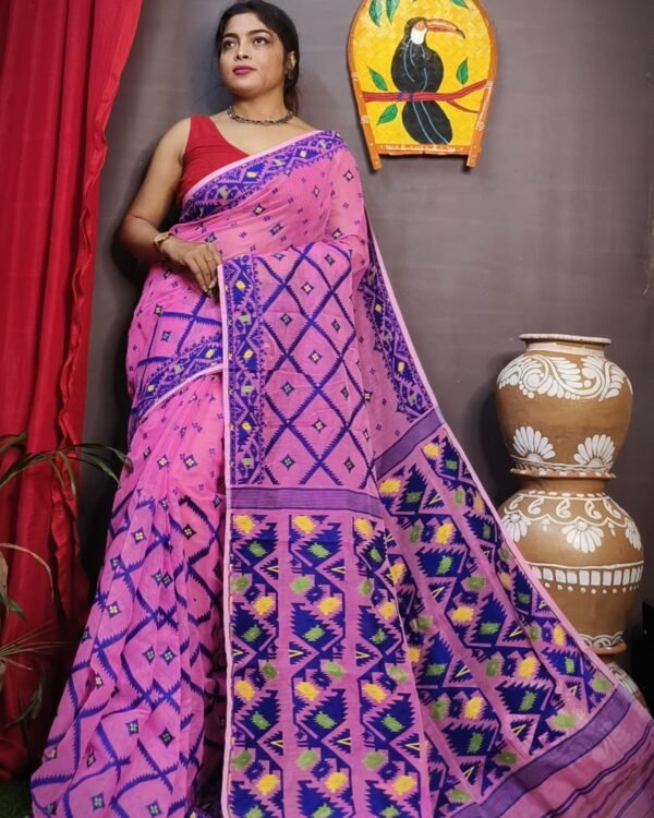 Pink Box Soft Dakhai Jamdani Sari
