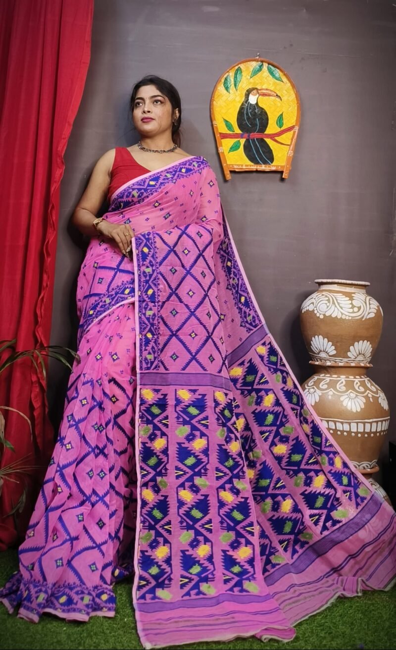 Pink Box Soft Dakhai Jamdani Sari