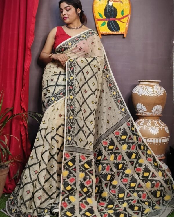 Cream Black Box Soft Dakhai Jamdani Sari