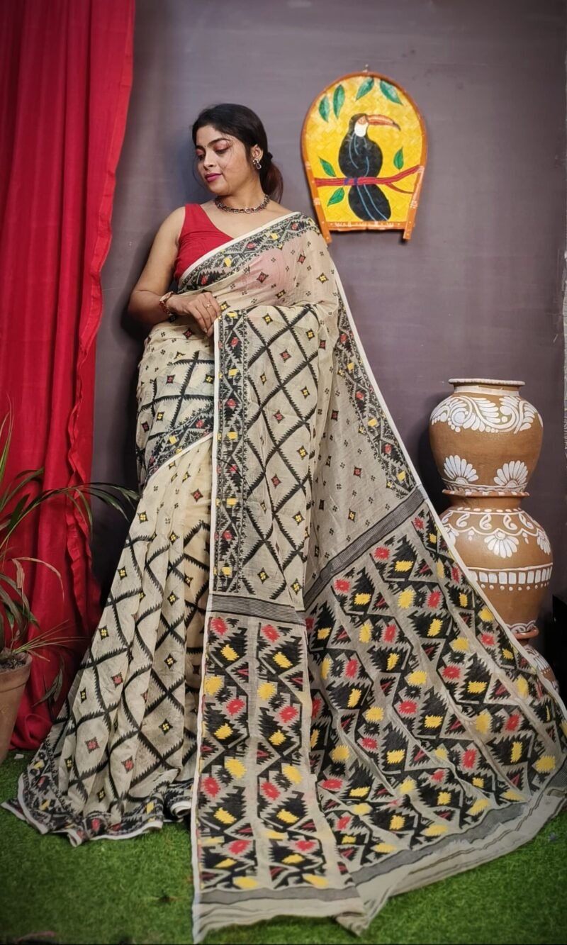 Cream Black Box Soft Dakhai Jamdani Sari