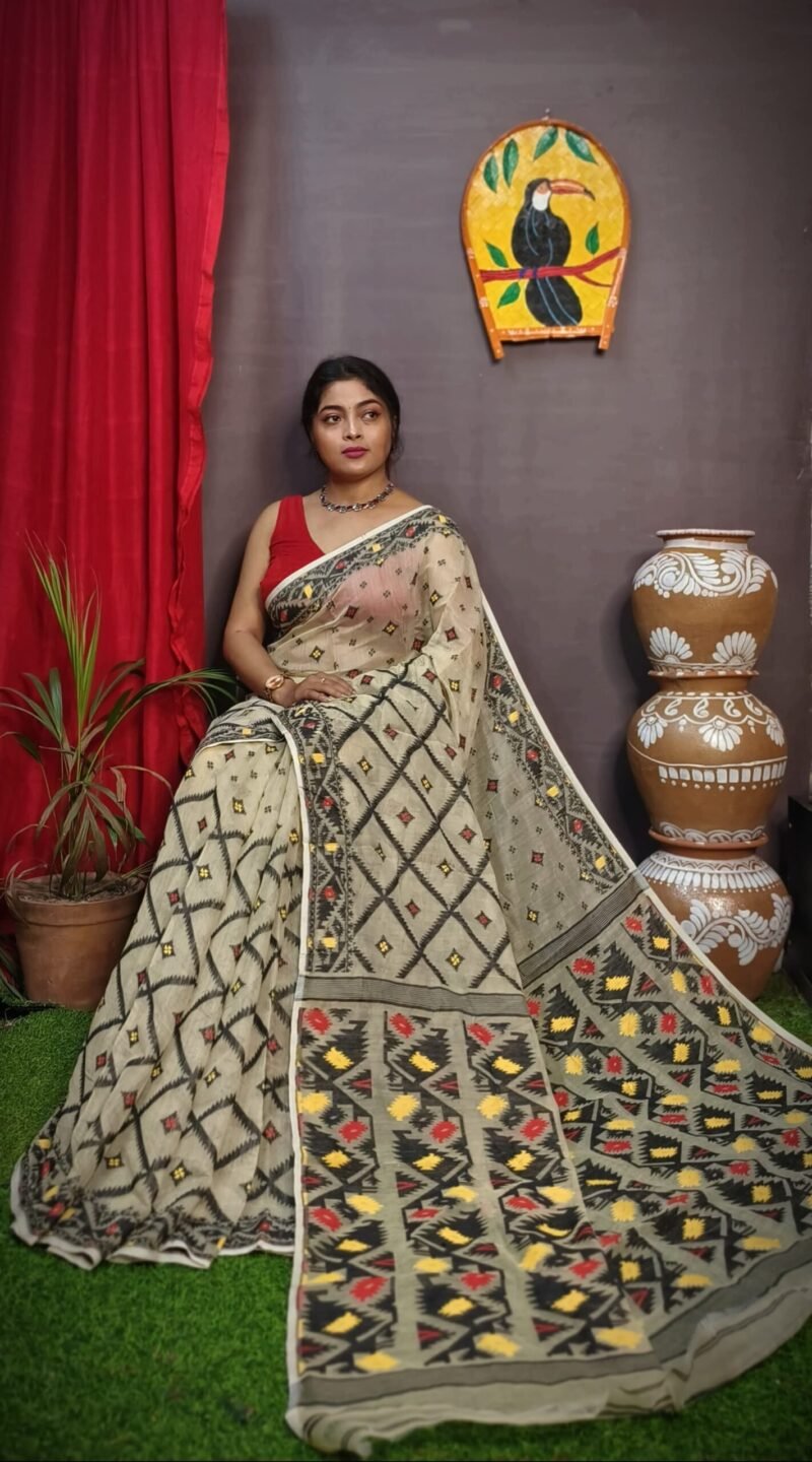 Cream Black Box Soft Dakhai Jamdani Sari - Image 2