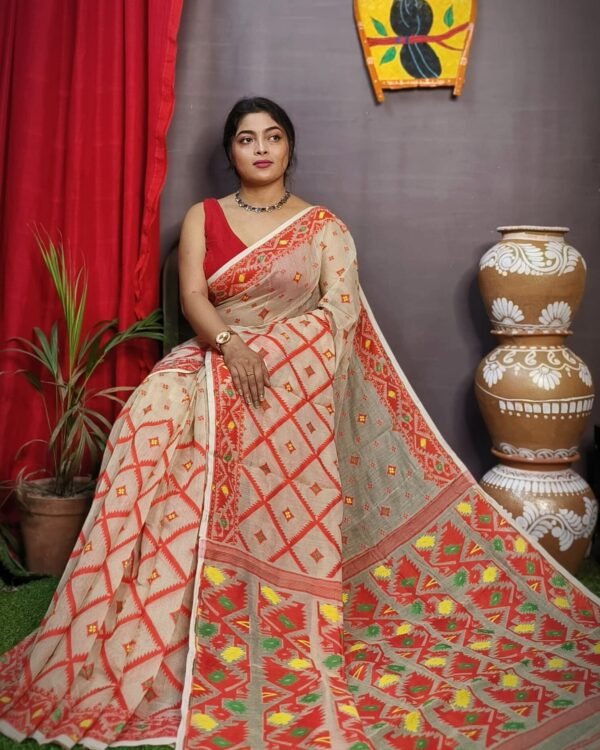 Cream Red Box Soft Dakhai Jamdani Sari