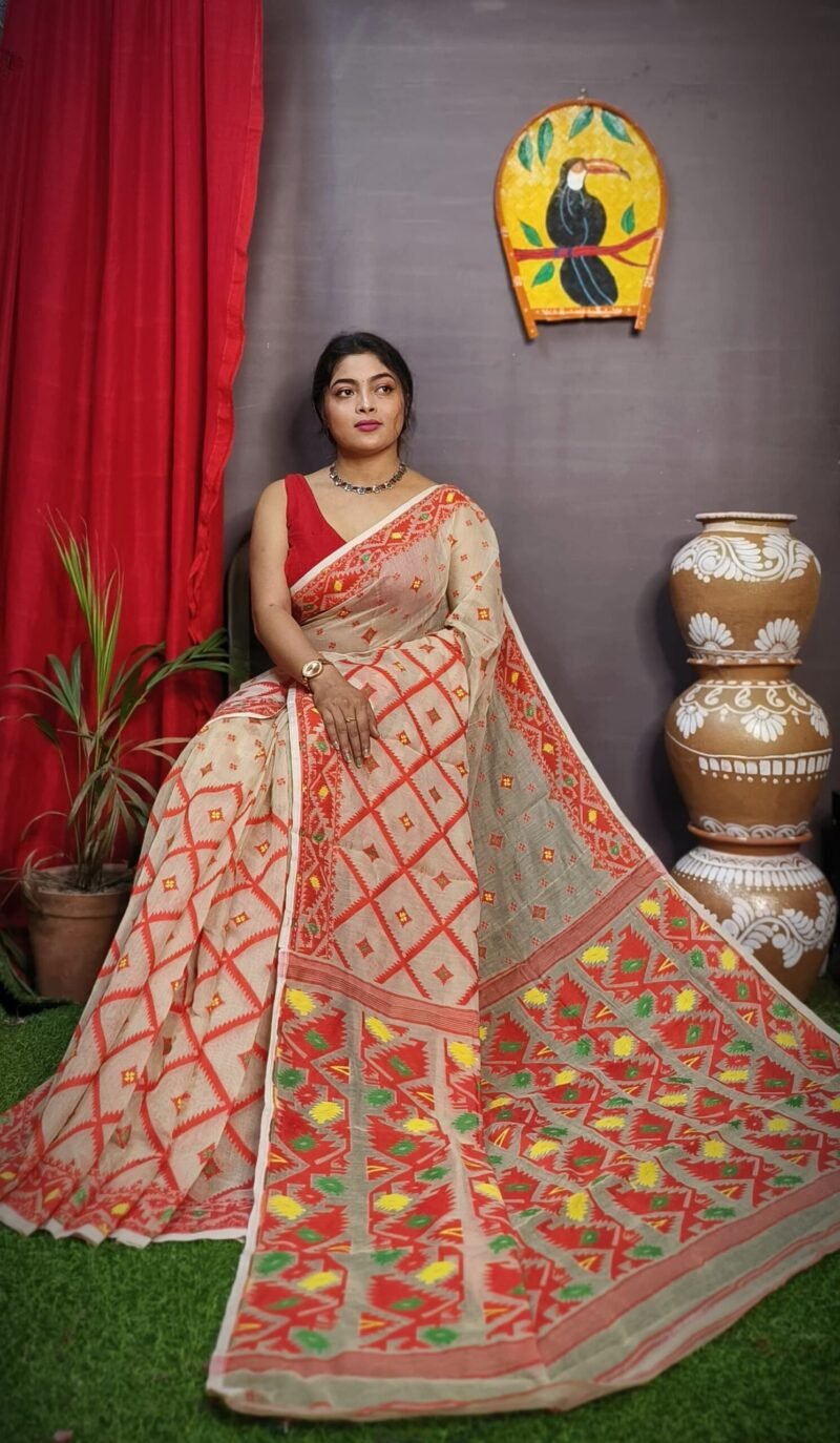 Cream Red Box Soft Dakhai Jamdani Sari