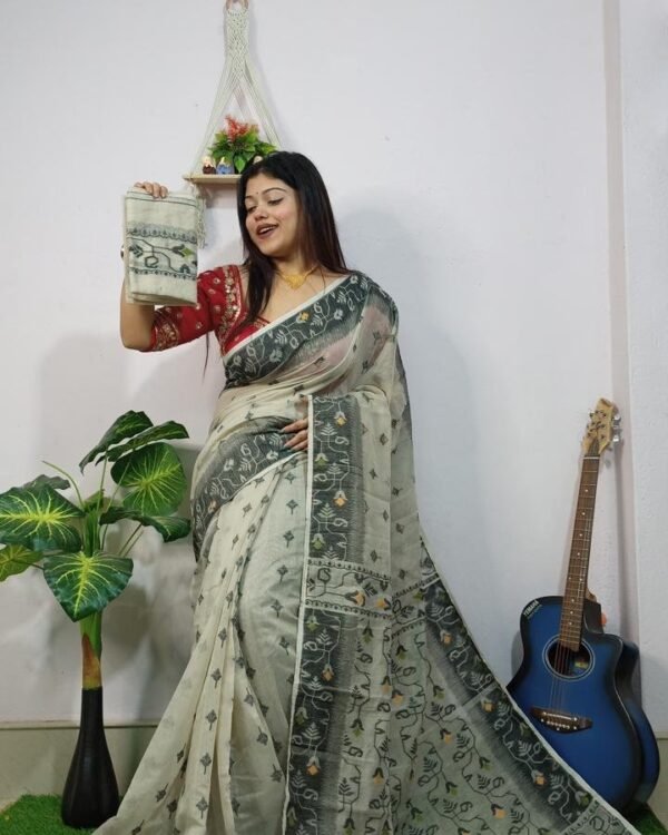 Dark Grey Soft New Jhumko Dhakai Jamdani Saree