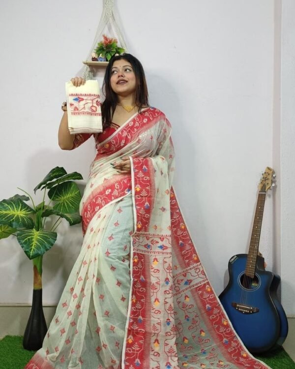 Cream Red Soft New Jhumko Dhakai Jamdani Saree