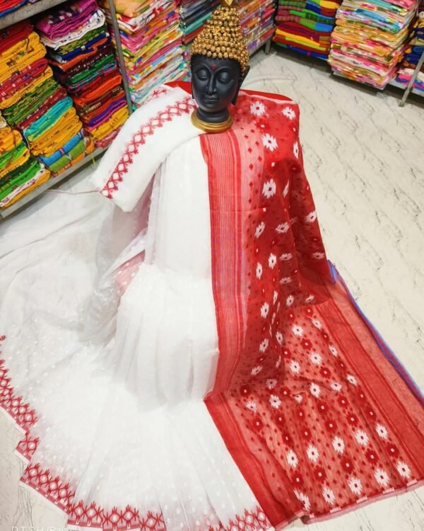 Rupnila Soft White Red Jamdani Saree