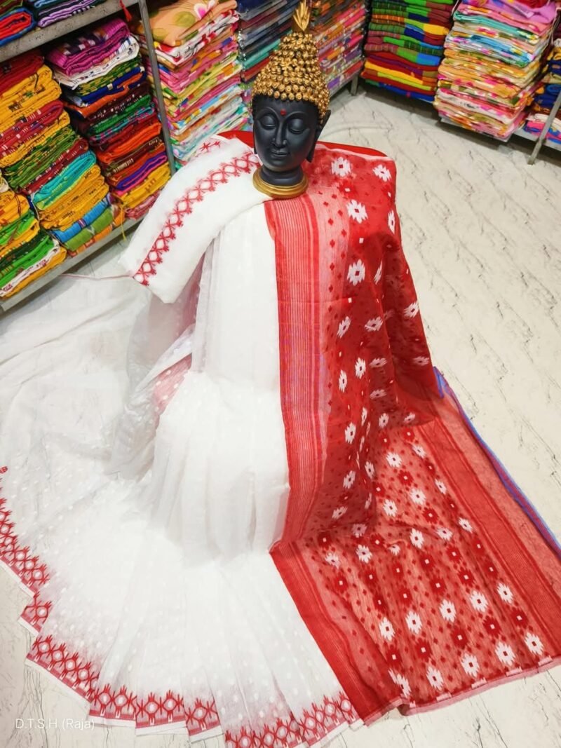 Rupnila Soft White Red Jamdani Saree