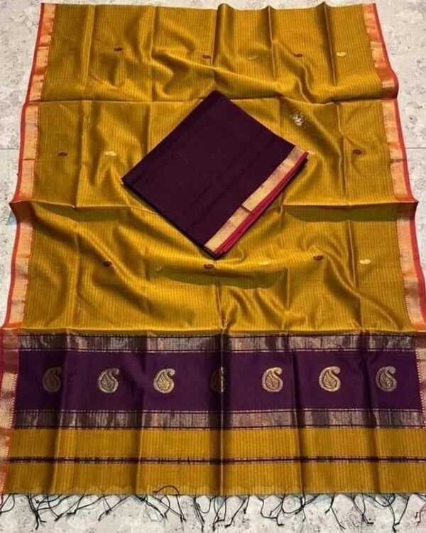 Maheshwari Design Dark Goldenrod Cotton Silk Handloom Saree with Blouse Piece