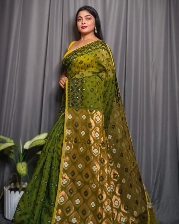 Mehendi-Green Allover Mina Work Jamdani Saree