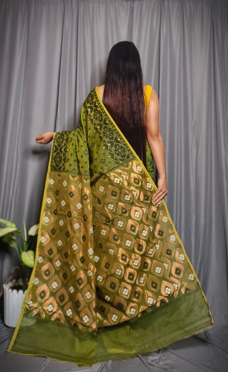 Mehendi-Green Allover Mina Work Jamdani Saree - Image 2