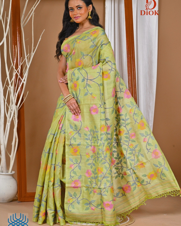 Parrot Green  Tussar Handwoven Jamdani Saree