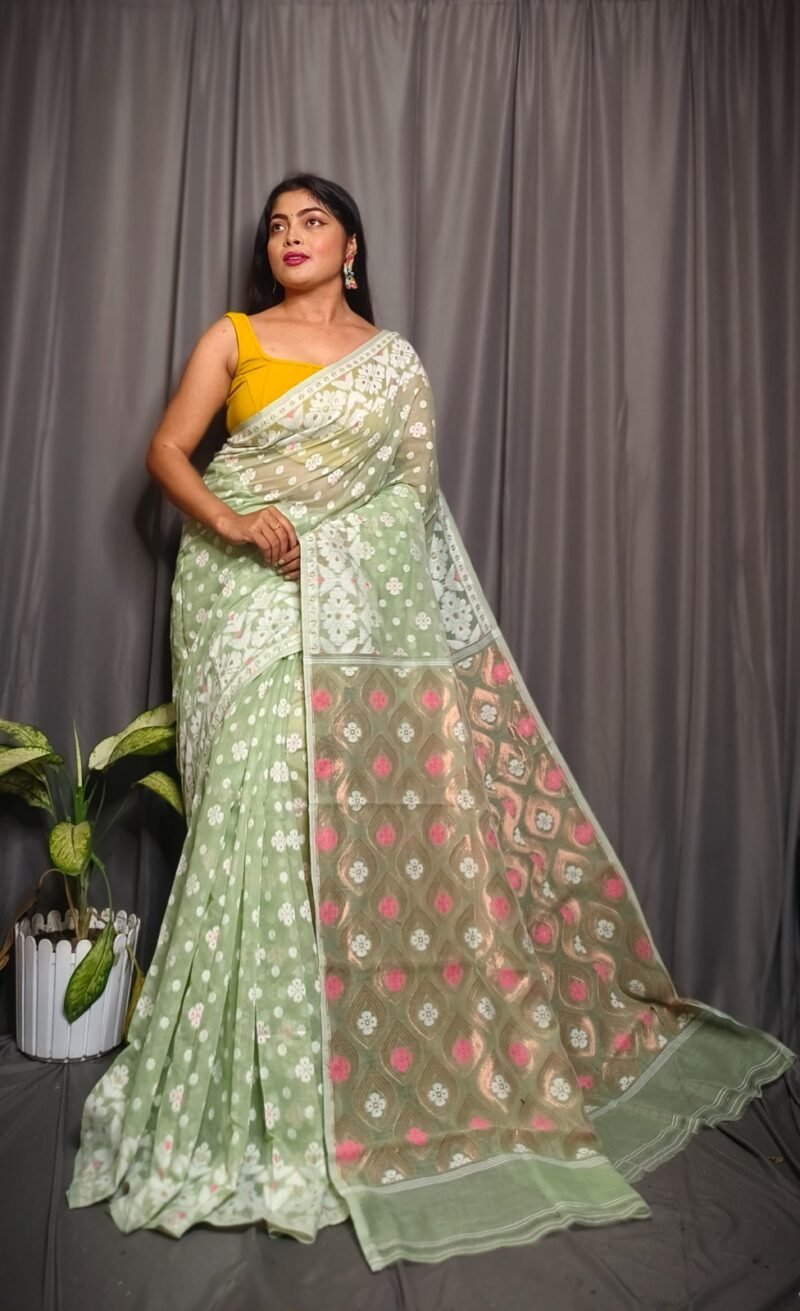 Pastel-Green Allover Mina Work Jamdani Saree