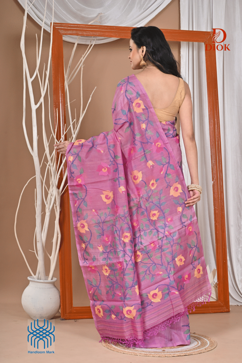 Pink Tussar Handwoven Jamdani Saree - Image 4